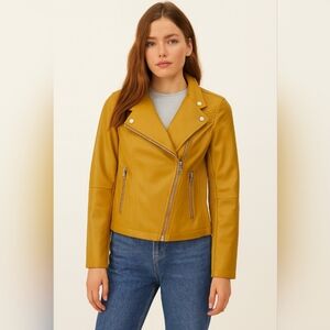 Bagatelle Women's Mustard Yellow Faux Leather Moto Jacket Size M EUC